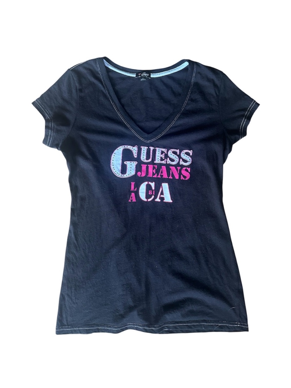 Vintage Y2K GUESS Jeans Black V-Neck Logo Tee